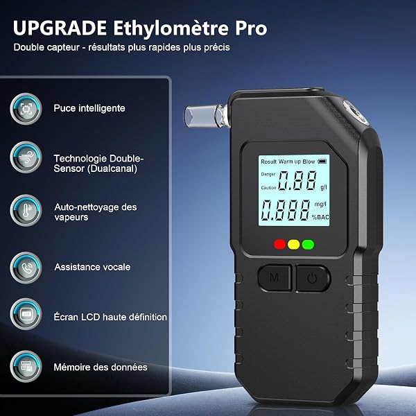 Ethylotest Electronique à Double Capteur Capteurs, Alcootest Professionnel avec Écran LCD numérique, Etylometre Électronique Homologué, pour Usage Personnel et Professionnel, avec 20 Embouts - 2