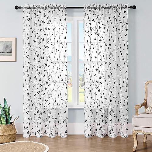Miniatura 2 de WUBODTI Cortinas semitransparentes negras de Halloween de 84 pulgadas de largo para sala de estar, cortinas blancas bordadas con hojas góticas,