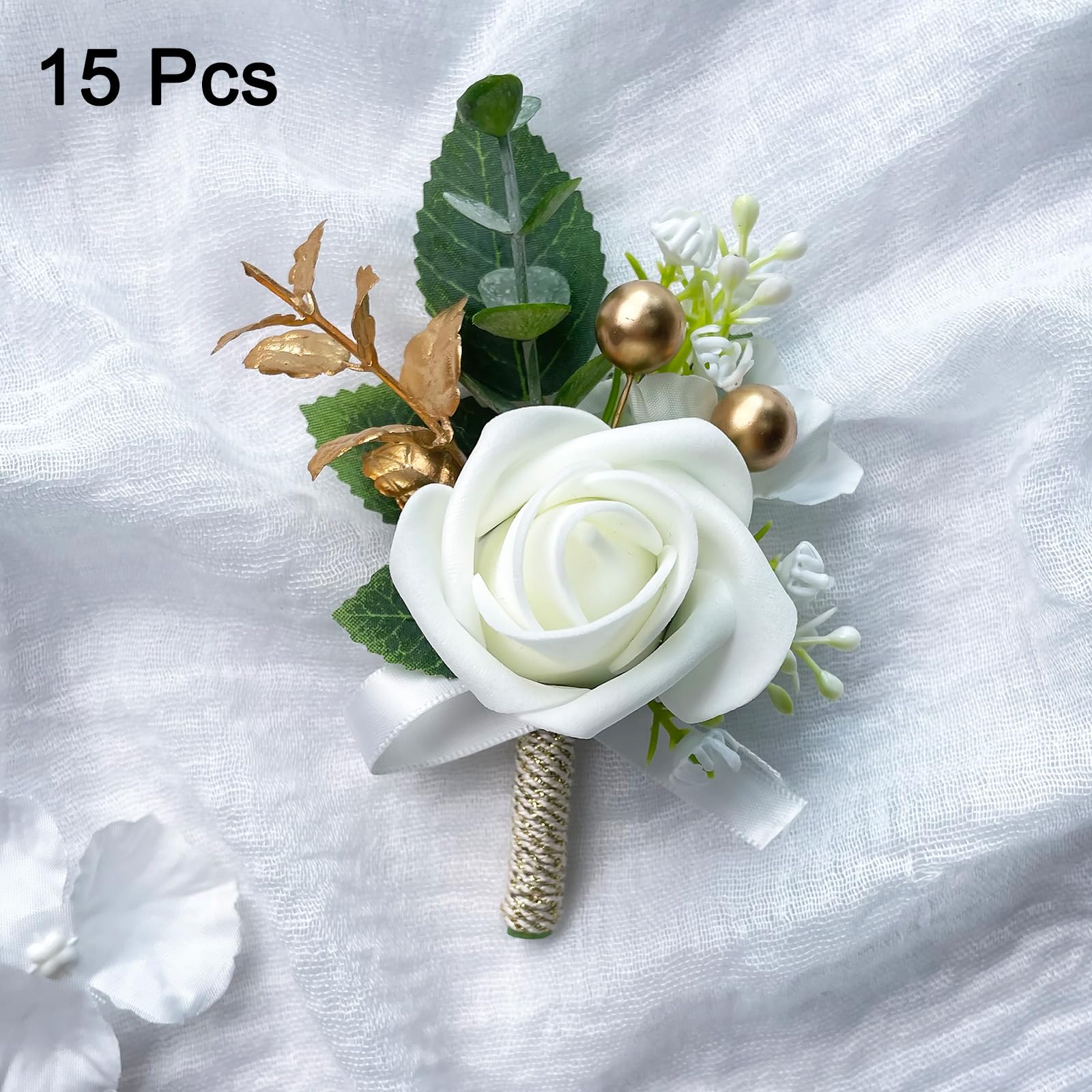 QUARKZMAN 15 Stück Weiße Rosen Anstecksträuße für Männer, Knopflöcher Taschenkorsage Künstliche Blumen mit Anstecknadeln für Braut Bräutigam Hochzeitszeremonie Jubiläum Formelle Party