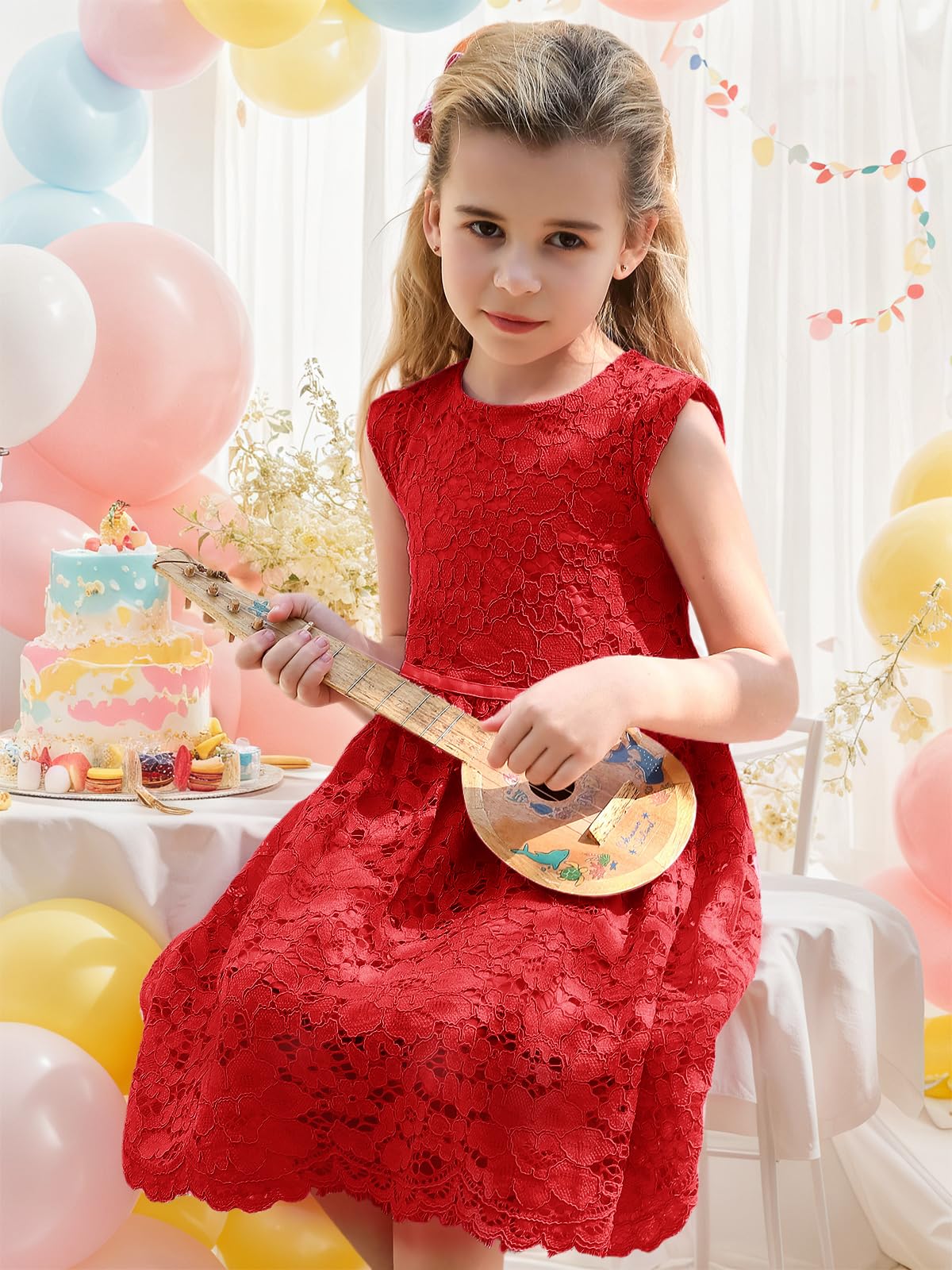 ALLOVIN Koronkowa sukienka A-line dla dziewczynek, bez rękawów, z perłową kokardą, Flower Girl, 2–12 lat
