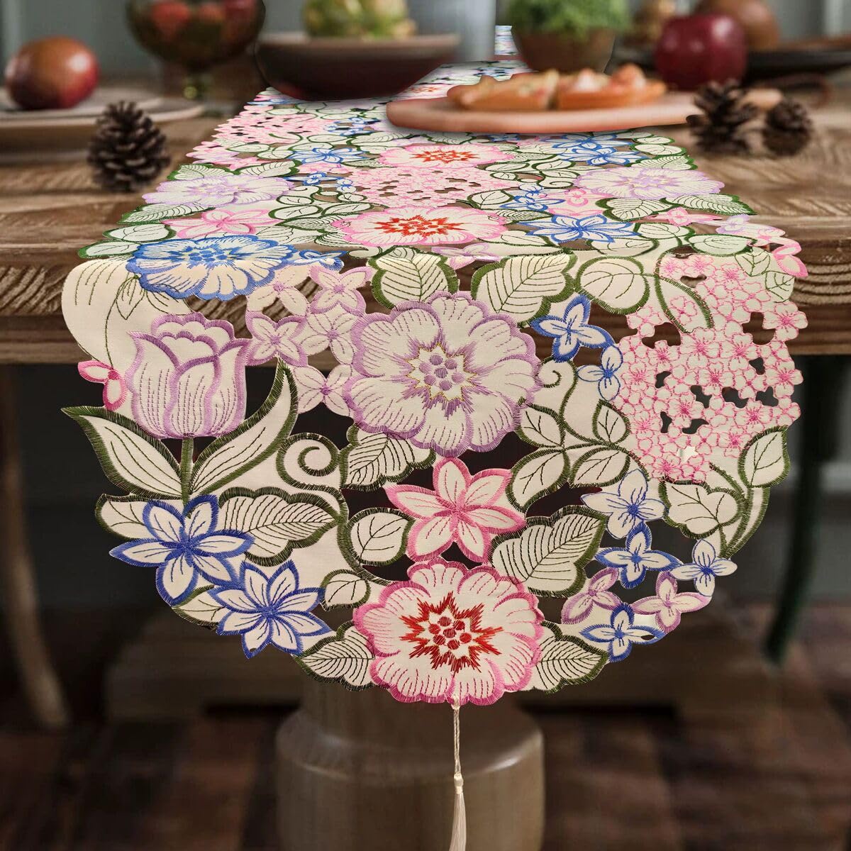 AMZALIRectangular Table Runner, Embroidered Table Runner Cutwork Floral Design Scarf Fabric Dresser Runner for Home Kitchen Dining Tabletop Decoration 14"x 70"