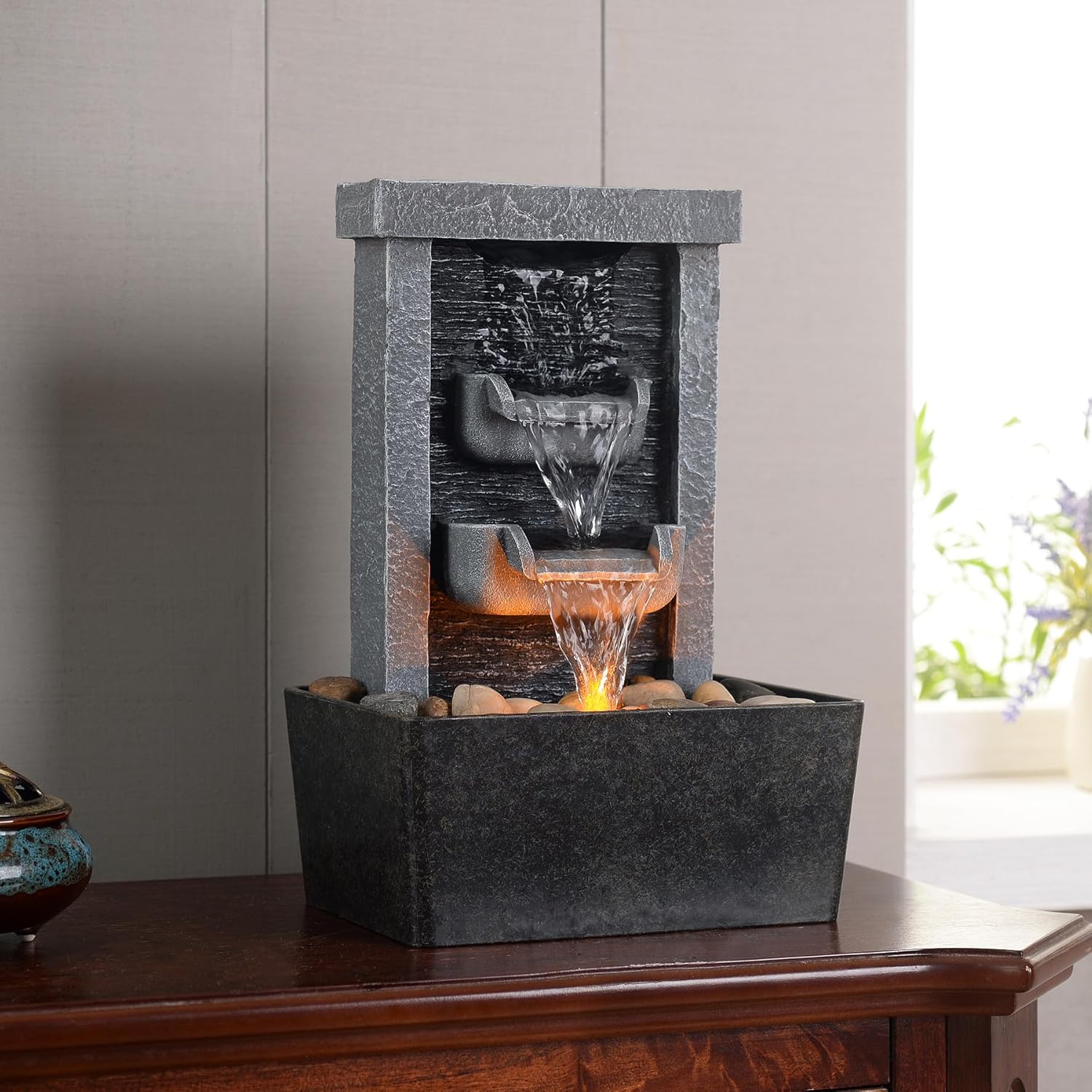 GOSSI Home Décor 10.3 in Indoor Waterfall Fountain Relaxation High Pressure Water Pumps Tabletop Fountain Nature Feeling Water Fountains with Reflective Lighting/River Rocks Home/O...