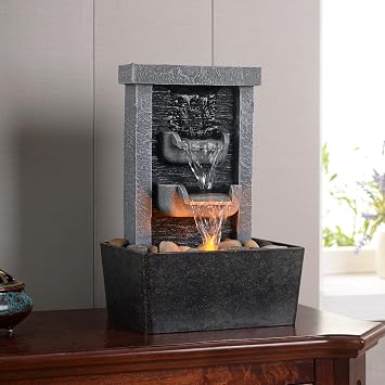 GOSSI Indoor Waterfall Fountain, 10.3 Tabletop Water Fountain with LED Lights & River Rocks, Relaxing Home Office Decor
