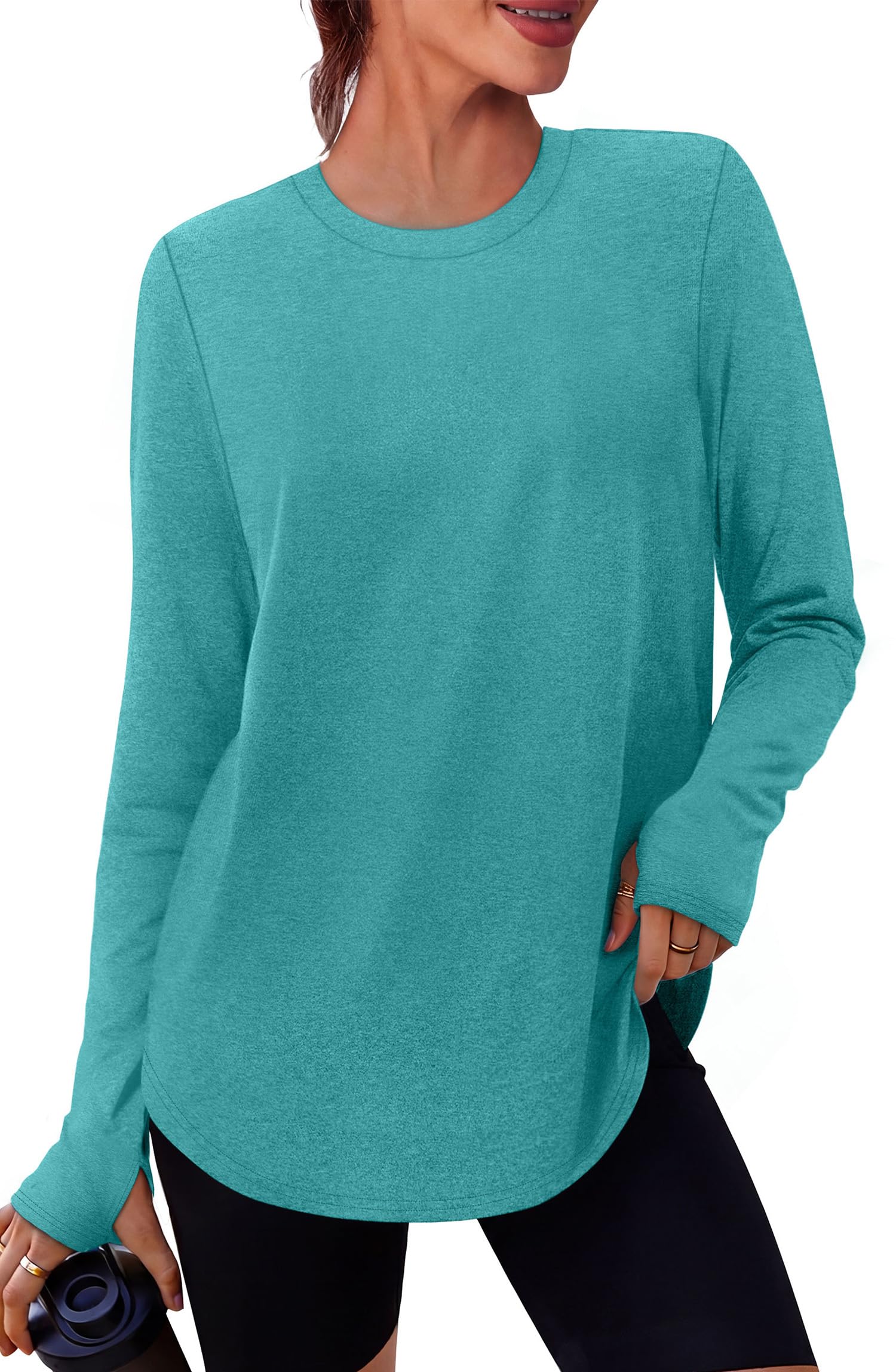NIASHOT Workout Tops for Women Crewneck Long Sleeve Shirts with Thumb Holes UPF 50+ Sun Shirts for Hiking Running Gym Clothes - 5