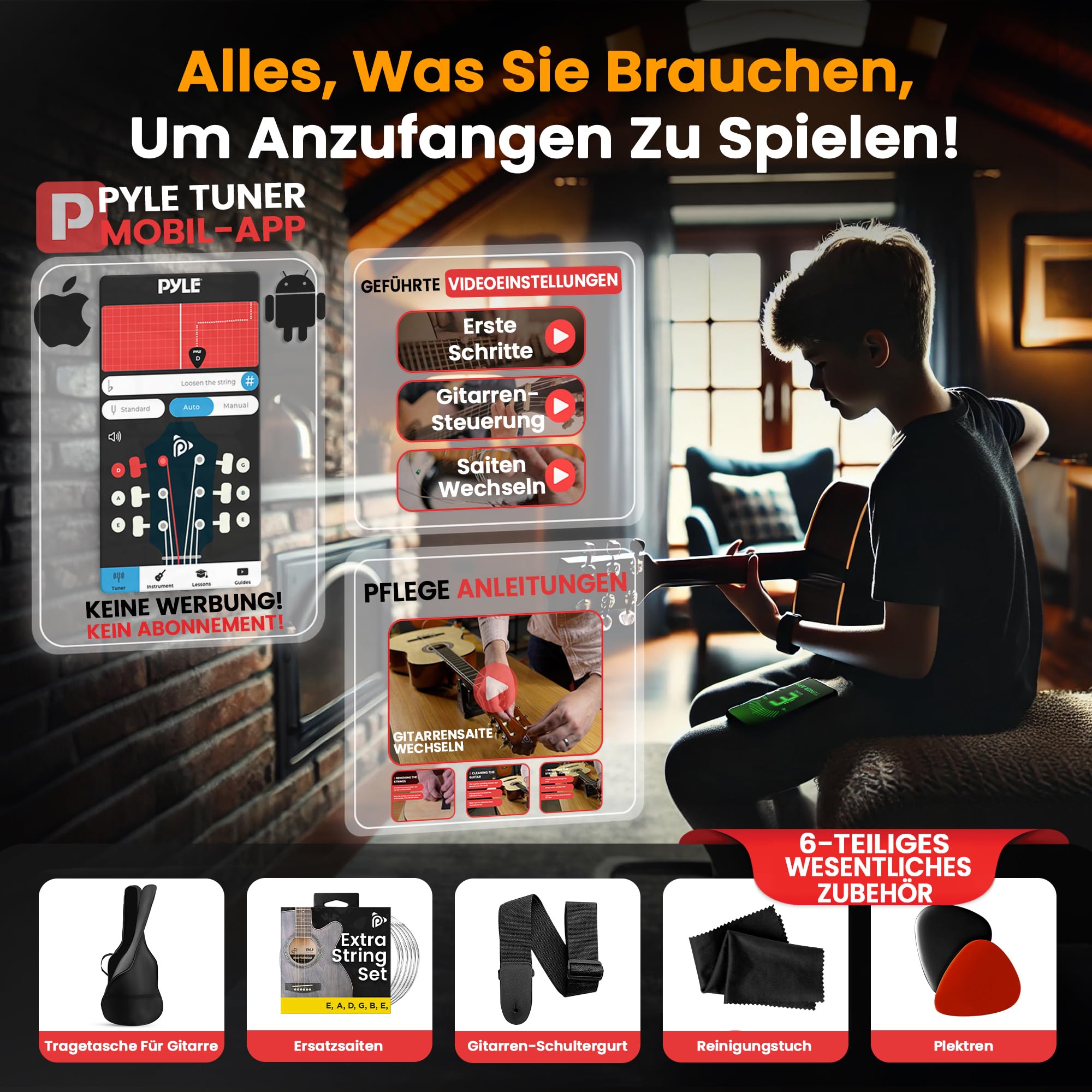 Pyle Cutaway-Westerngitarre, Rechtshändig, 3/4 Größe, Grau