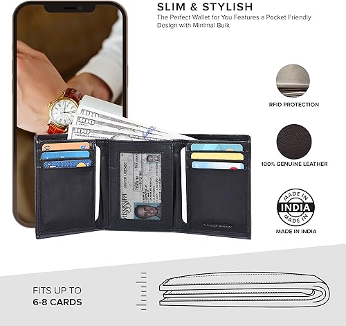 Miniatura 3 de Billetera de cuero triple para hombre con RFID Carteras delgadas para hombres con 1 identificación y 6 ranuras para tarjetas de crédito Bolsillo