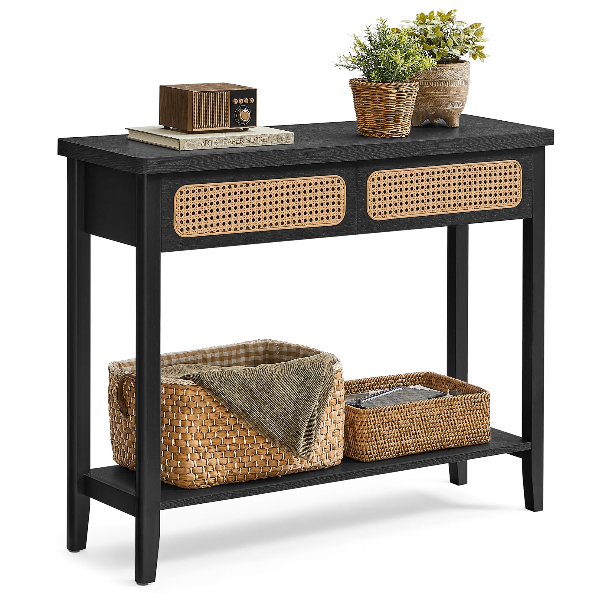 VASAGLE Konsolentisch, Flurtisch, Flur Möbel, schmaler Sofatisch für Wohnzimmer, mit 2 Schubladen, offene Ablage, abgerundete Ecken, Boho-Stil, aschschwarz LNT016B21