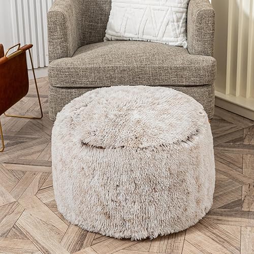Miniatura 9 de Otomano de relleno con moderno puf de espuma de alta densidad de piel sintética de espuma de alta densidad, taburete redondo para almacenamiento,