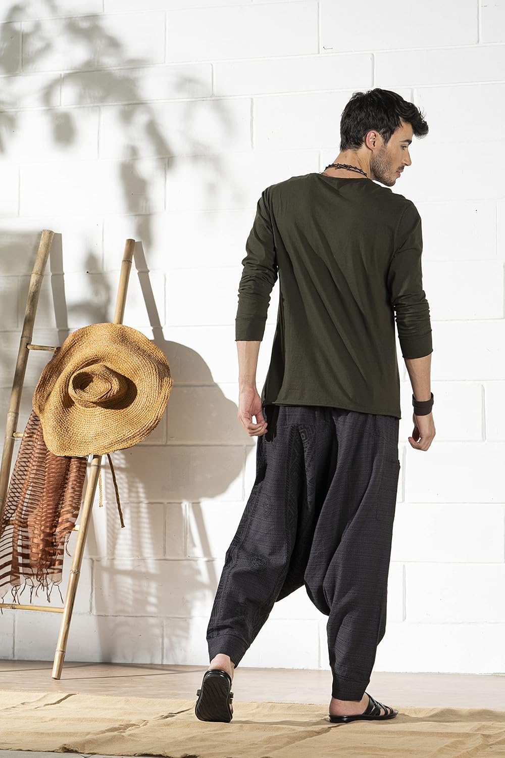 Men's Boho Harem Pants - Printed Yoga Baggy Pants with Elastic Waist & Drawstring,