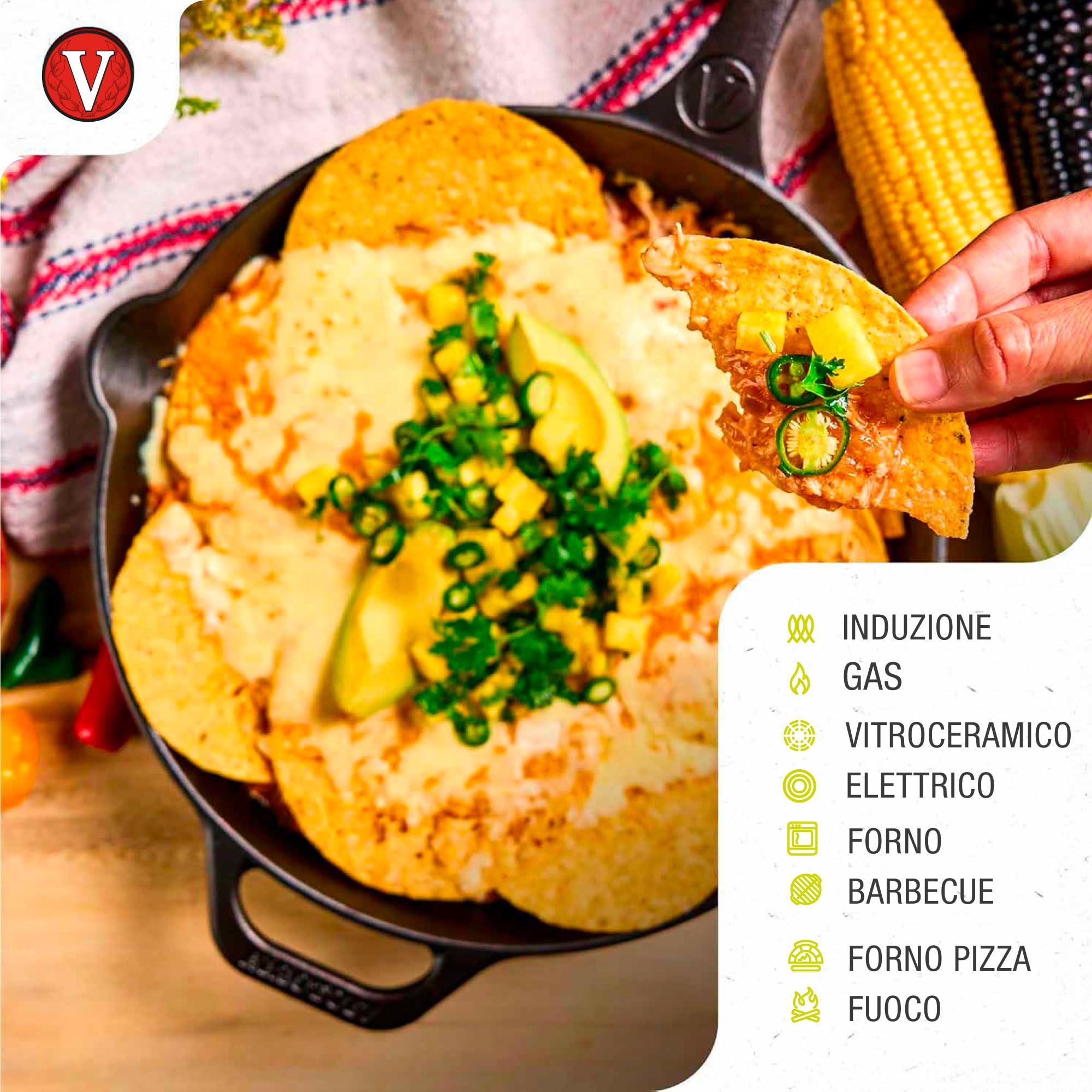 VICTORIA Padella in Ghisa Stagionata 30 cm Day of the Dead La Calaca, per Fuoco, Barbecue, Forno, Induzione e Gas, Cast Iron Skillet Senza Sostanze Tossiche, Senza PTFE e PFOA