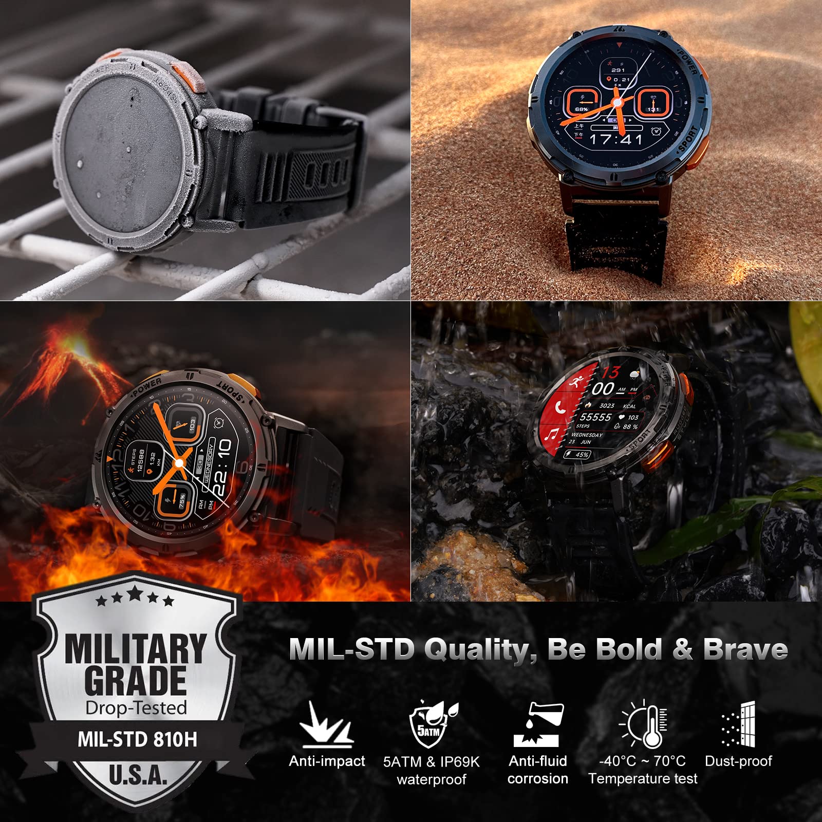 KOSPET Smartwatch Uomo Chiamate,60+Giorni Batteria Extra-Lunga,1,43" AMOLED HD Display,AI Assistente Vocale,50M Impermeabile, 70 modalità sport, Orologio Militare Fitness,24H Monitor del Sonno