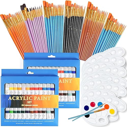 Juego de 120 pinturas acrílicas con 60 pinceles de pintura, 48 piezas de pintura acrílica, 12 paletas para acuarela, óleo, gouache, pintura.