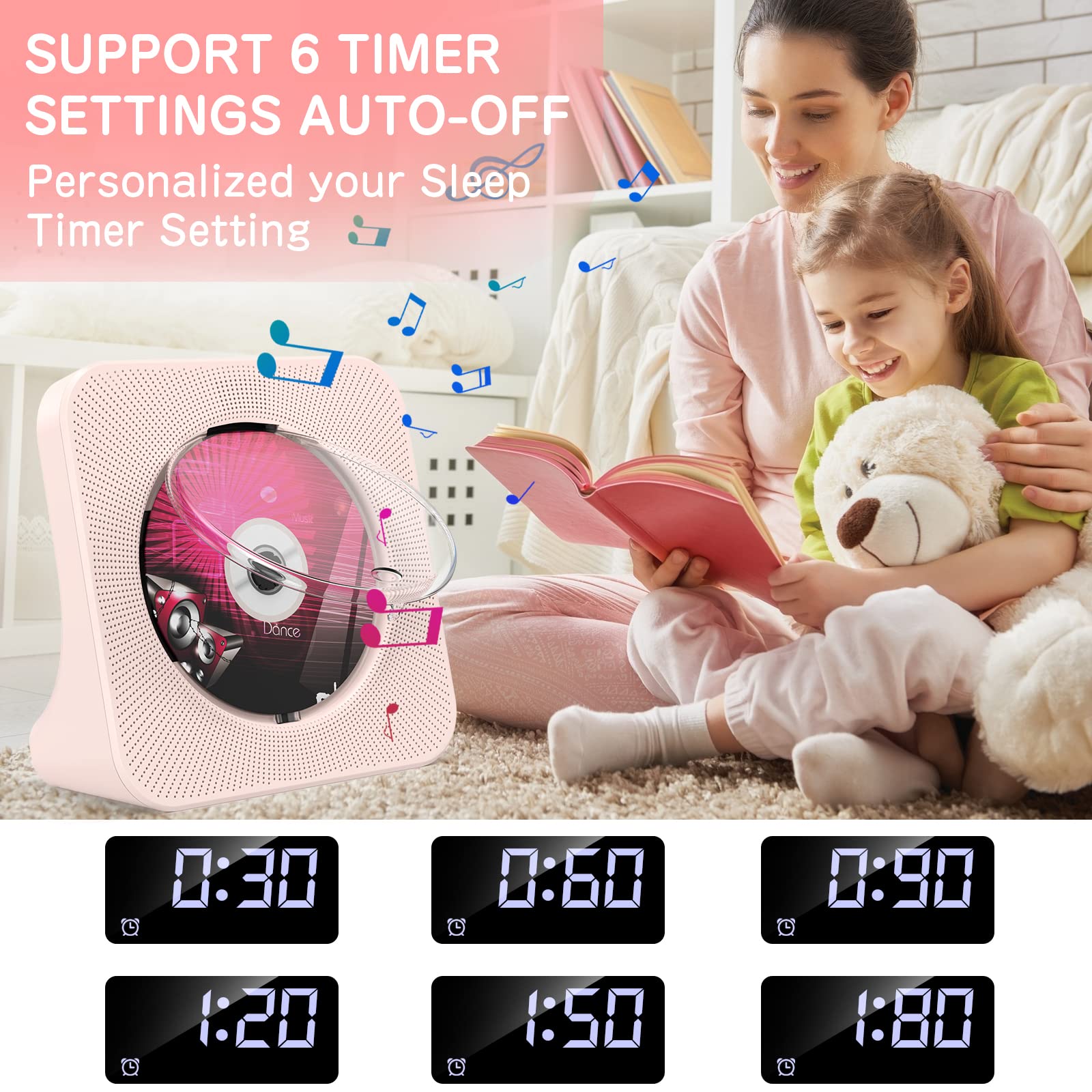 Lettore CD da tavolo con altoparlanti e Bluetooth 5.0 Rosa | Lettori CD con Telecomando Copertura antipolvere Display Radio FM Timer Riproduzione per USB e AUX