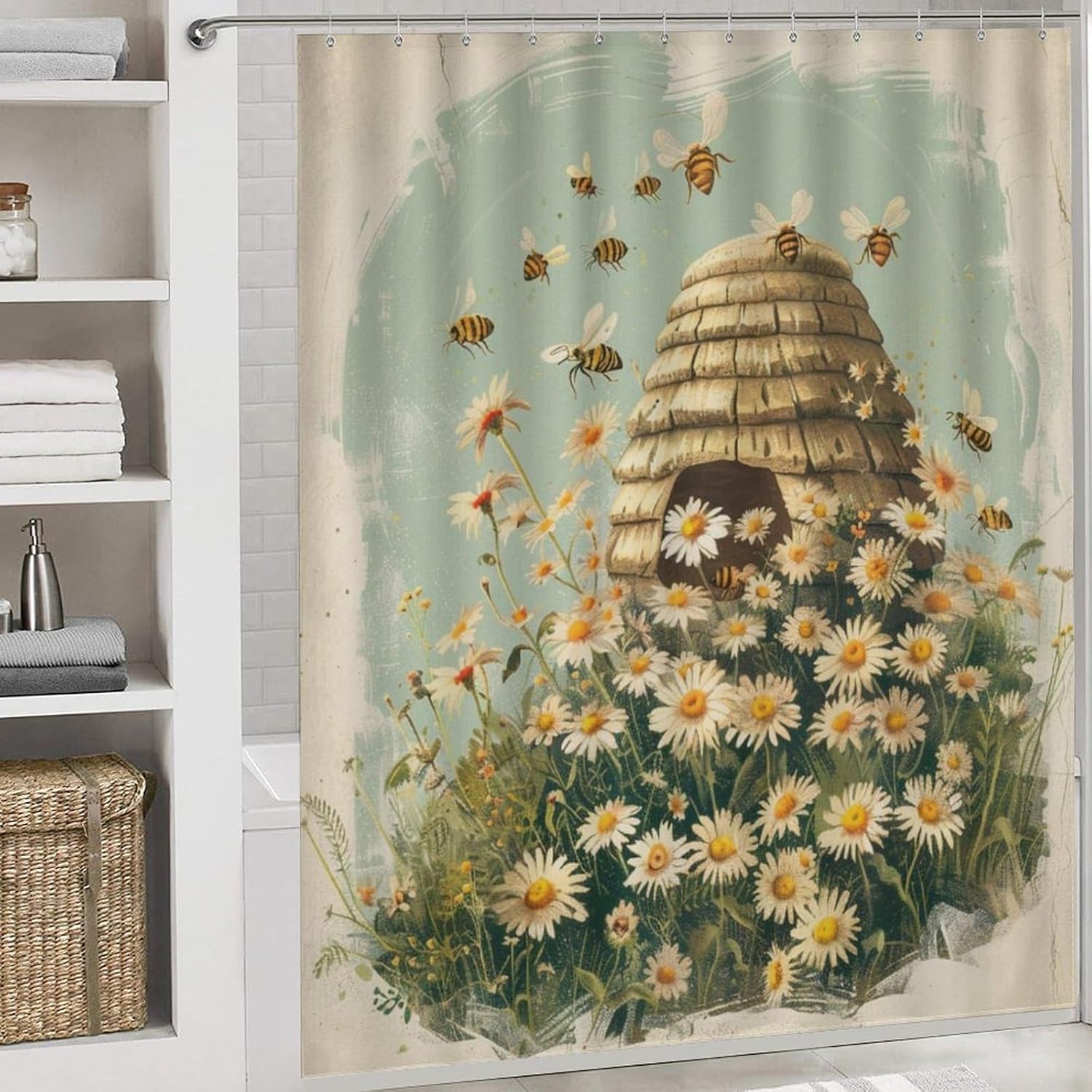 4Pcs Cute Flower Honeycomb Bee Shower Curtain Sets, Bathroom Decor Set with Rugs, Bath Mat Vintage Rustic Daisy Beehive Shower Curtain, 72 X 72 Inch