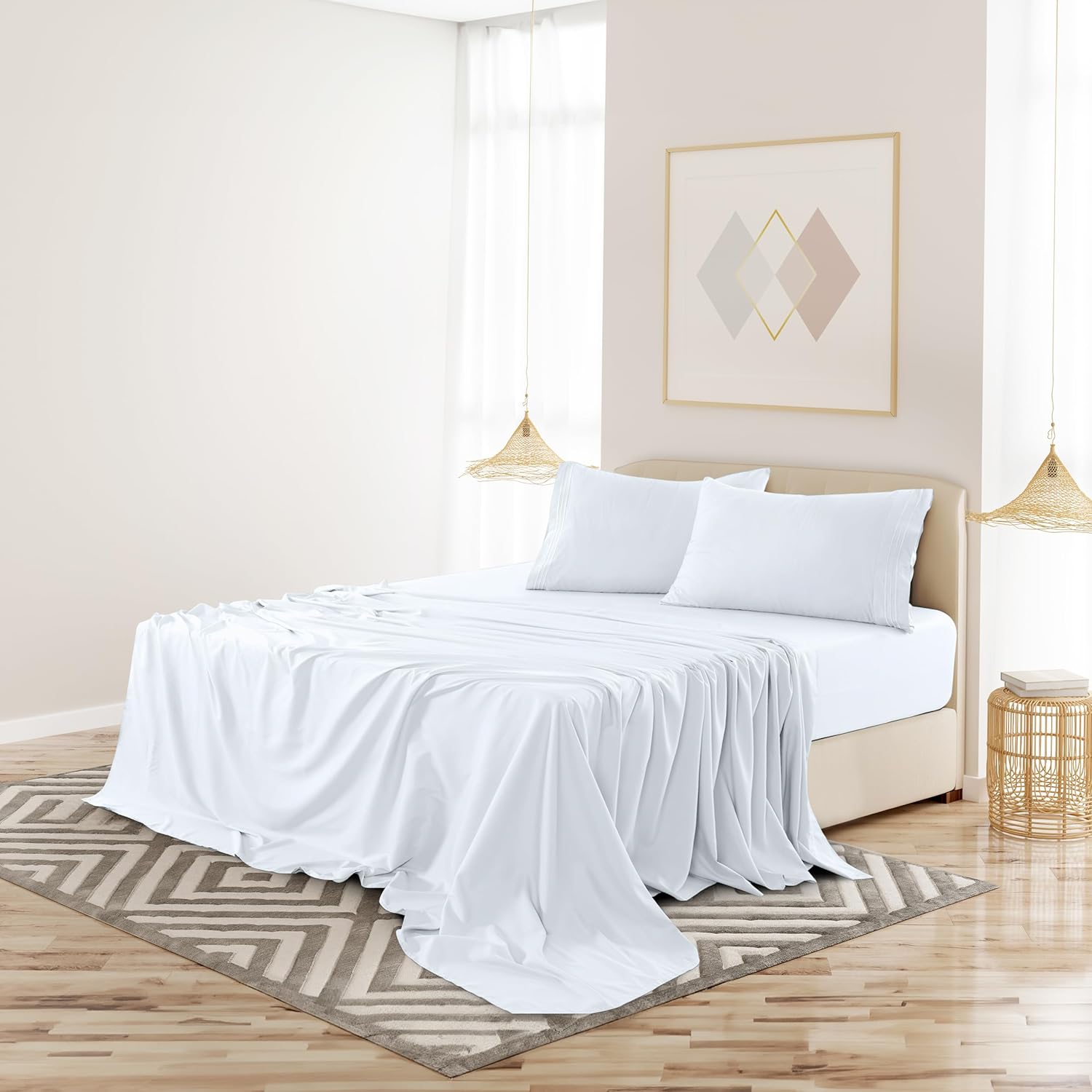 LUX Décor Queen Sheet Set - 4 Piece Ultra-Soft Microfiber Bed Sheets with Flat Sheet, 16 Inches Deep Pocket Fitted Sheet & 2 Pillowcases, Cooling & Breathable, Hotel Luxury, Oeko-TEX - White - Image 9