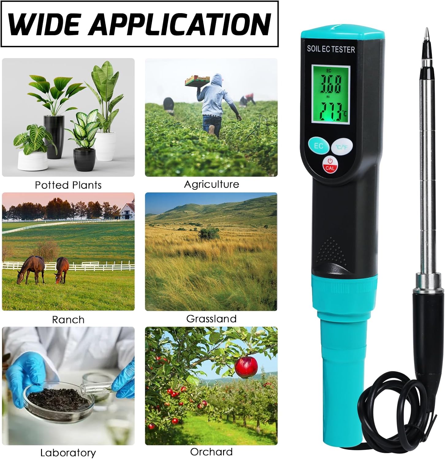 2 in 1 EC & Temperature Meter, Digital EC Meter for Soil with IP67 Waterproof Electrode, Portable Soil EC Meter Soil Tester with ATC for Gardening, Agricultural, Farming, Lawn, Plants