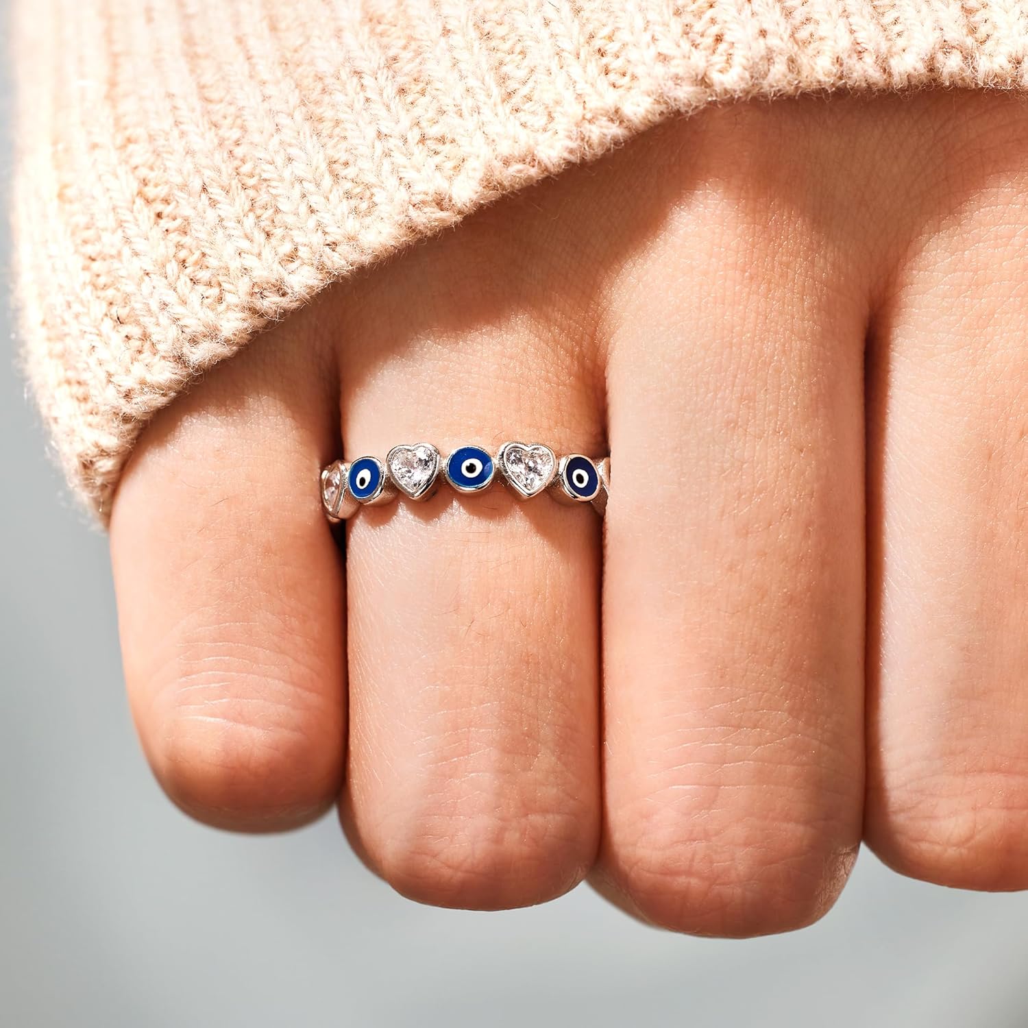 STORYJEWELLERY Evil Eye Ring, 925 Sterling Silver Enamel Nazar and Heart Ring Bands for Women, Blue Evil Eye Jewelry, Gifts for Women - Image 4