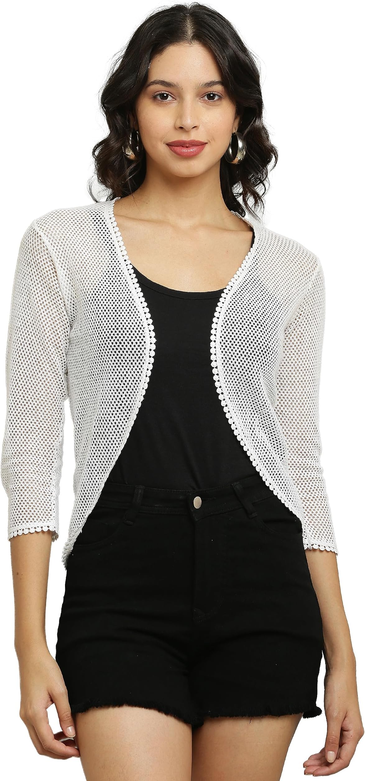 Craft Darbar Women's 3/4 Sleeve Sheer Lace Bolero Shrugs Open Front Net Cardigan