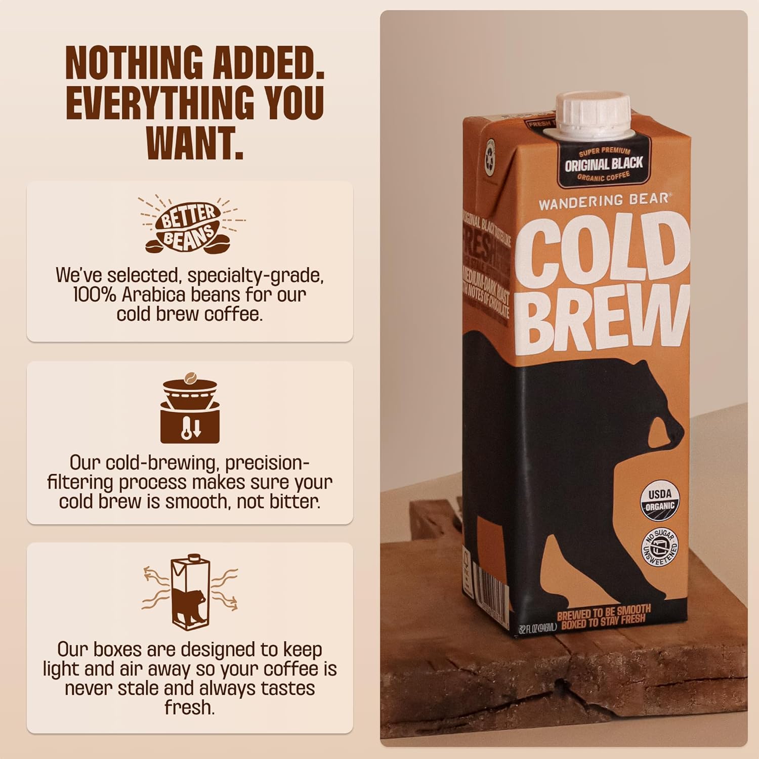 Wandering Bear Decaf Cold Brew Coffee - Bold, Smooth, No Sugar Added, Shelf-Stable, Ready to Drink, Gluten Free & Vegan Decaf Iced Cold Brewed Coffee Drink - 32 fl oz, 6 pack