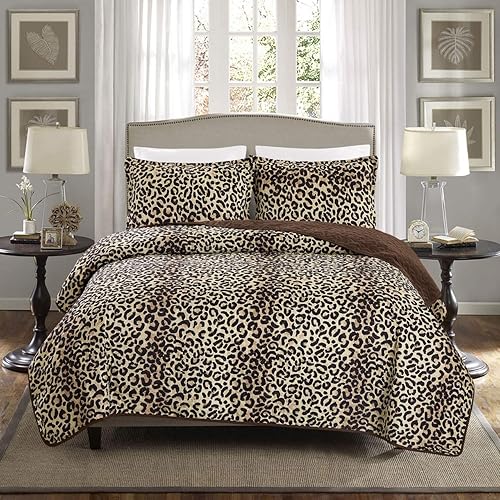 GrandLinen Juego de colcha de 3 piezas con estampado de animales finos de gran tamaño (118 x 95 pulgadas), cubrecama tamaño California King (marrón,