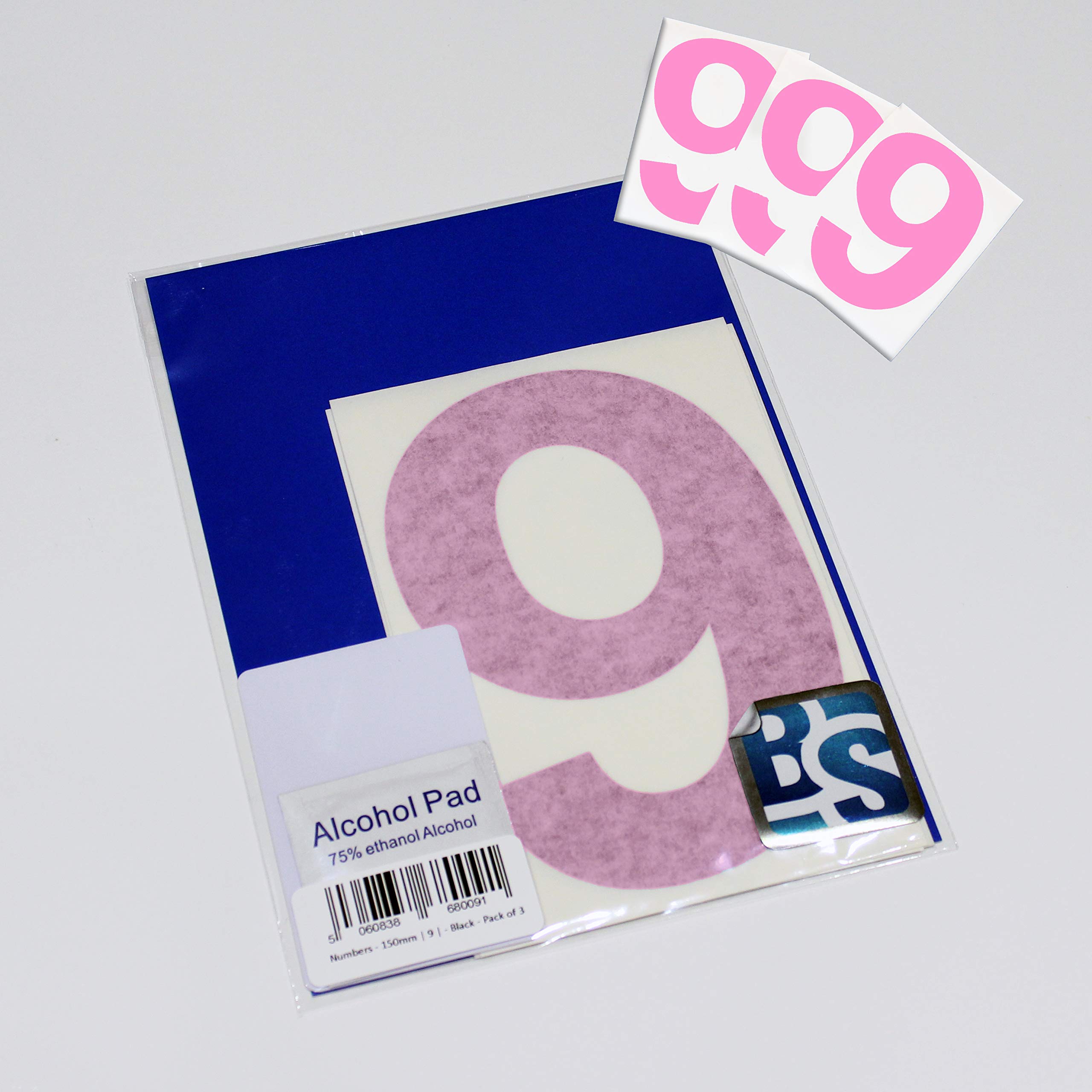 BS® Large Waterproof Non-fading Self Adhesive Vinyl Numbers | 9 (NINE) | 150mm | Pack of 4 | BABY PINK | Wheelie Bin Numbers