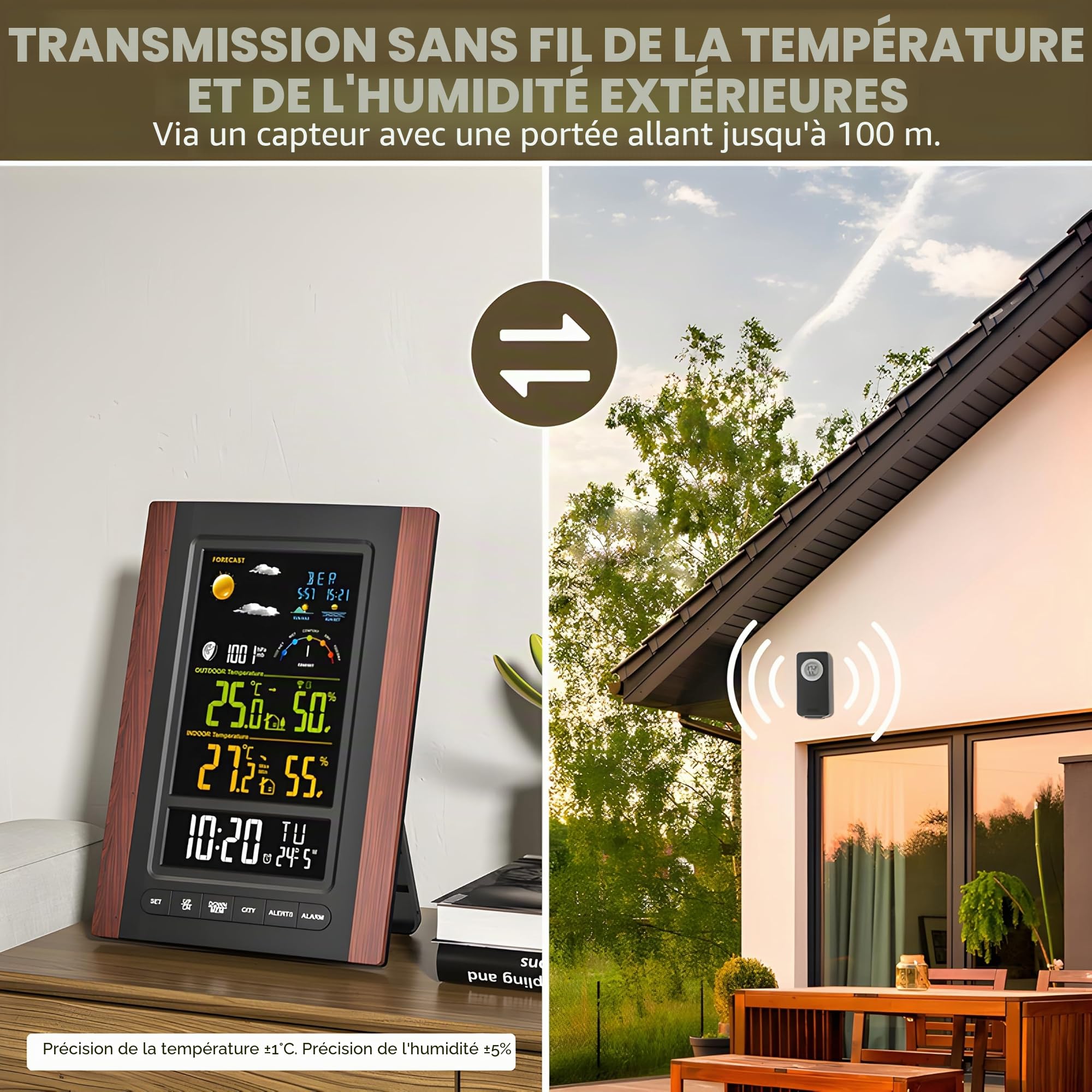 Station Météo Sans Fil, Température et Humidité Interieur et Exterieur, Grand écran LCD Clair, Prévisions Météo, Horloge Radio DCF, Baromètre, Affichage du Lever et du Coucher du Soleil