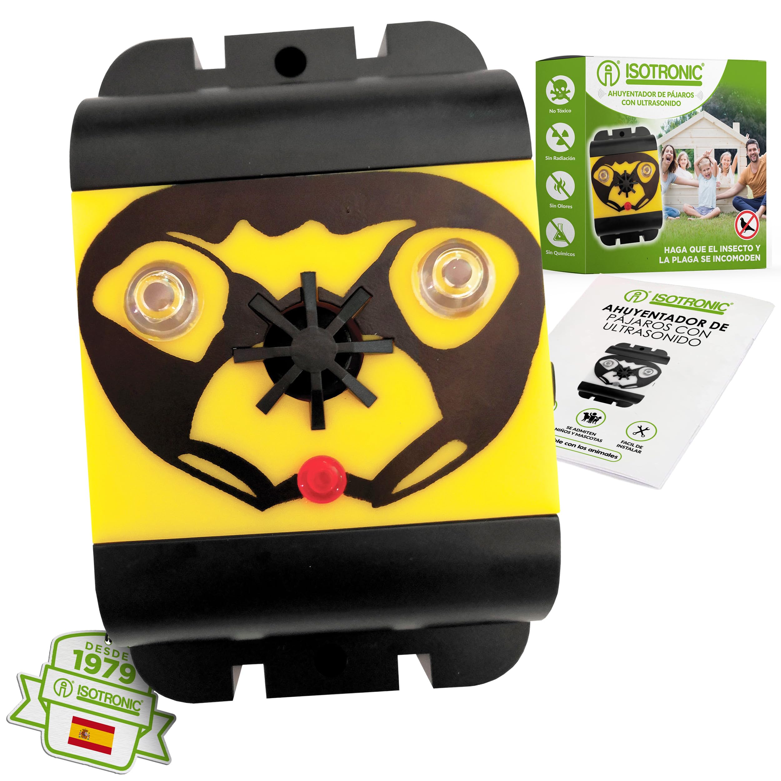 ISOTRONIC Repelente de Aves con luz y ultrasonido – Ahuyentador de Aves a Pilas para ahuyentar pájaros y Palomas – Repelente de Palomas para balcón y jardín – Alcance Efectivo de 40 m² (1 Unidad)