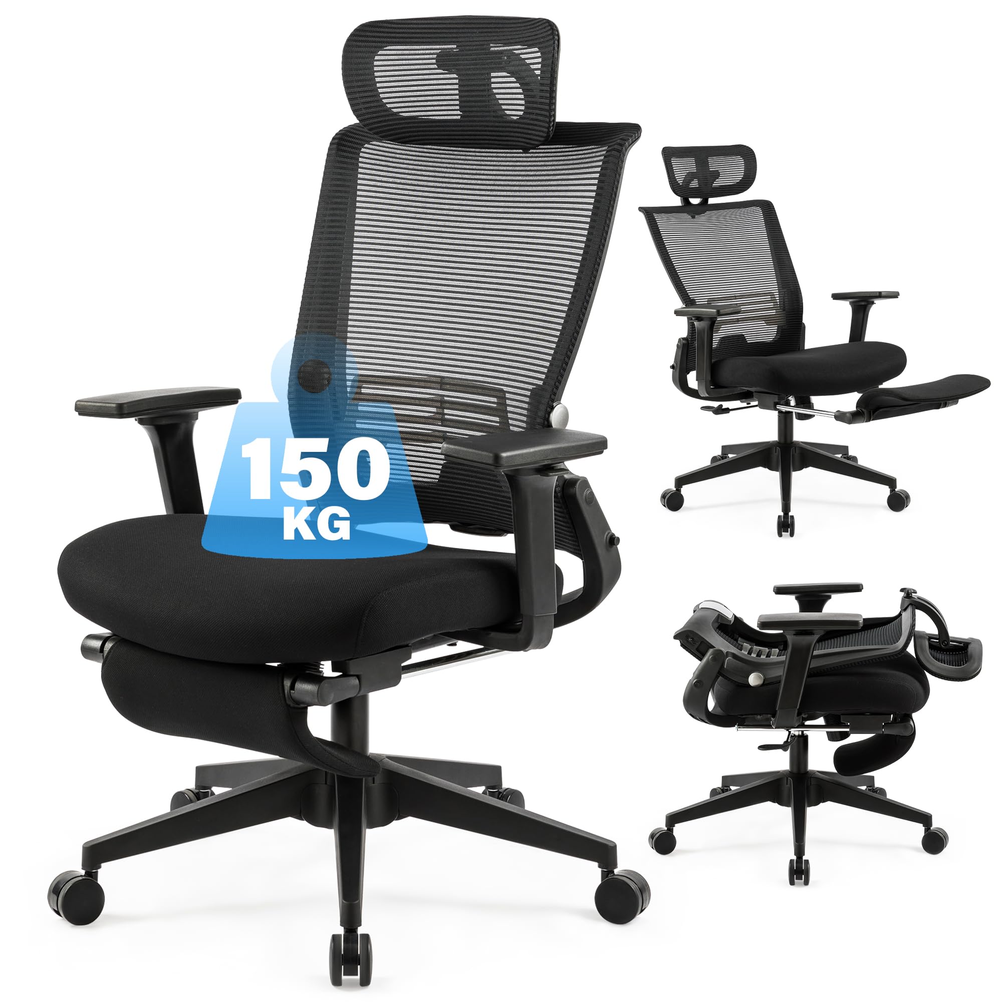 Klappbar Bürostuhl mit Fußstütze, Ergonomisch Schreibtischstuhl mit Lendenwirbelstütze, Kopfstütze, Chefsessel Mesh Stuhl 150 kg für platzsparendes Arbeiten von zu Hause aus, Schwarz