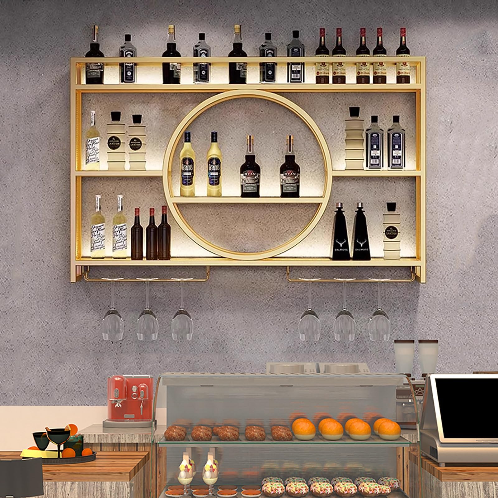 Étagères de bar flottantes et casier à vin mural lumineux led en fer