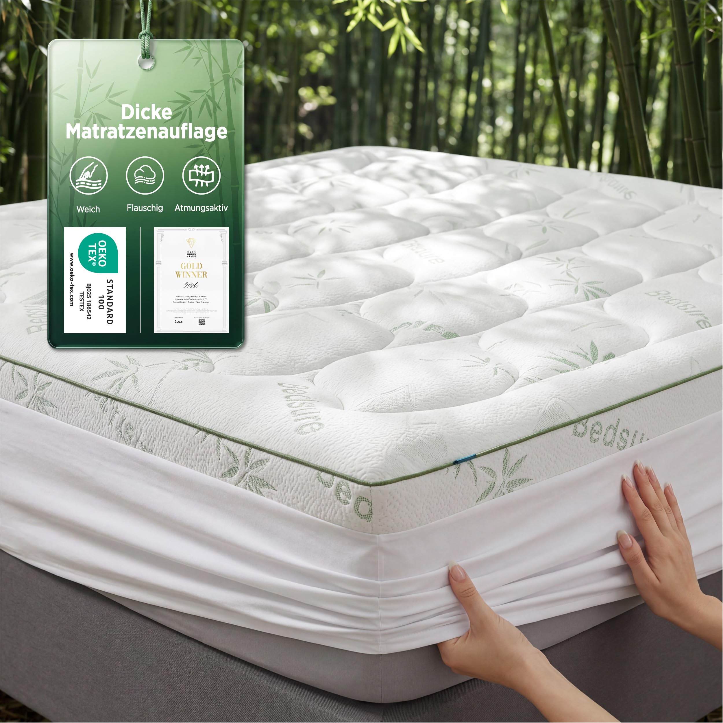 BEDSURE Matratzentopper 180x200 Matratzenschoner Bambus - Matratzenauflage 600GSM Gepolstert für bis 40 cm Höhe kühlend Atmungsaktiv Öko-Tex 100 Allergiker Geeignet bei Rückenschmerzen rutschfest
