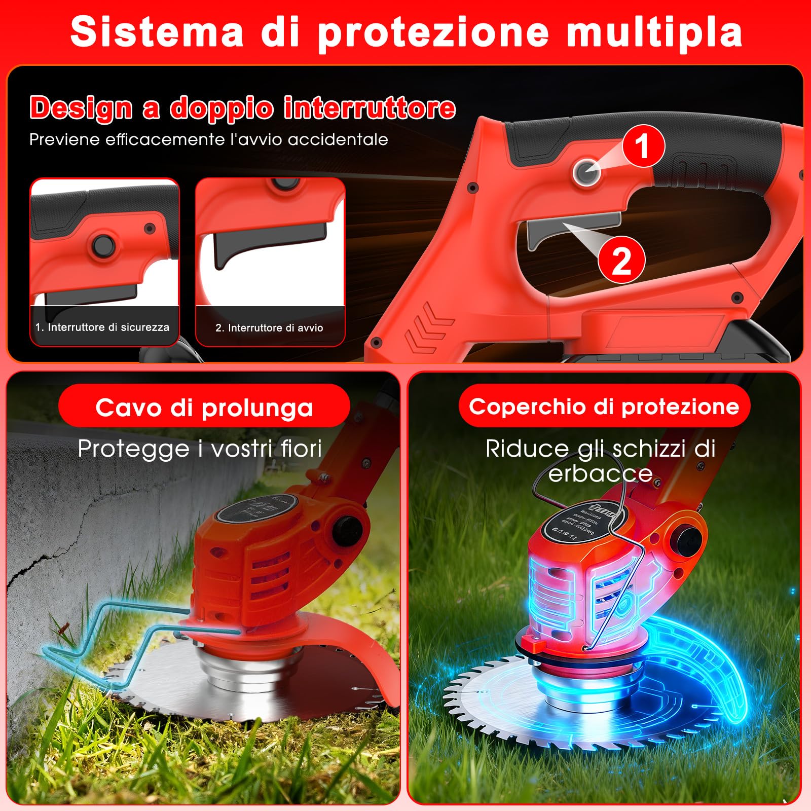 OUTIGO Tosaerba a batteria, Dotato di due batterie da 21 V, 4 lame, tosaerba triplo pieghevole, tosaerba da giardino a batteria per prati, arbusti e cespugli.