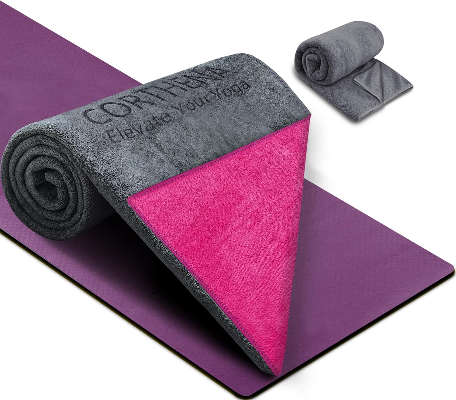 Hot Yoga Towel Set, 600GSM Yoga Mat Towel Extra Thick Dual-Color Microfiber, Soft Non-Slip Sweat Absorbent, 72″ x 27.5″ with Matching Hand Towel for Hot Yoga, Pilates, Fitness, Grey/Pink