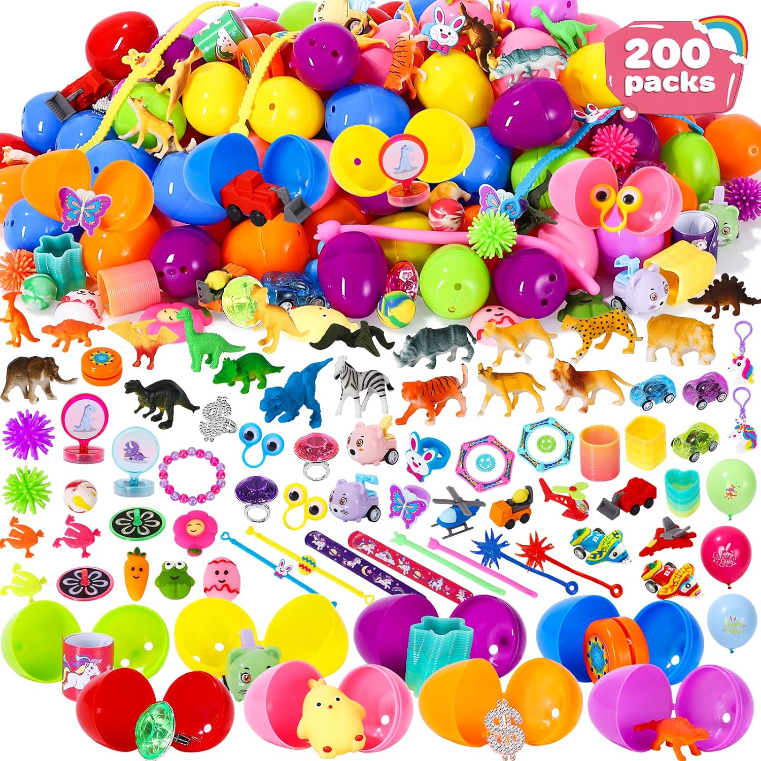 OleFun 200 Pack Prefilled Easter Eggs with Toys Inside, 2.3'' Bulk Filled Plastic Eggs with Assorted Toys for Easter Eggs Hunt, Surprise Eggs, Easter Basket Stuffers, Party Favor for Kids