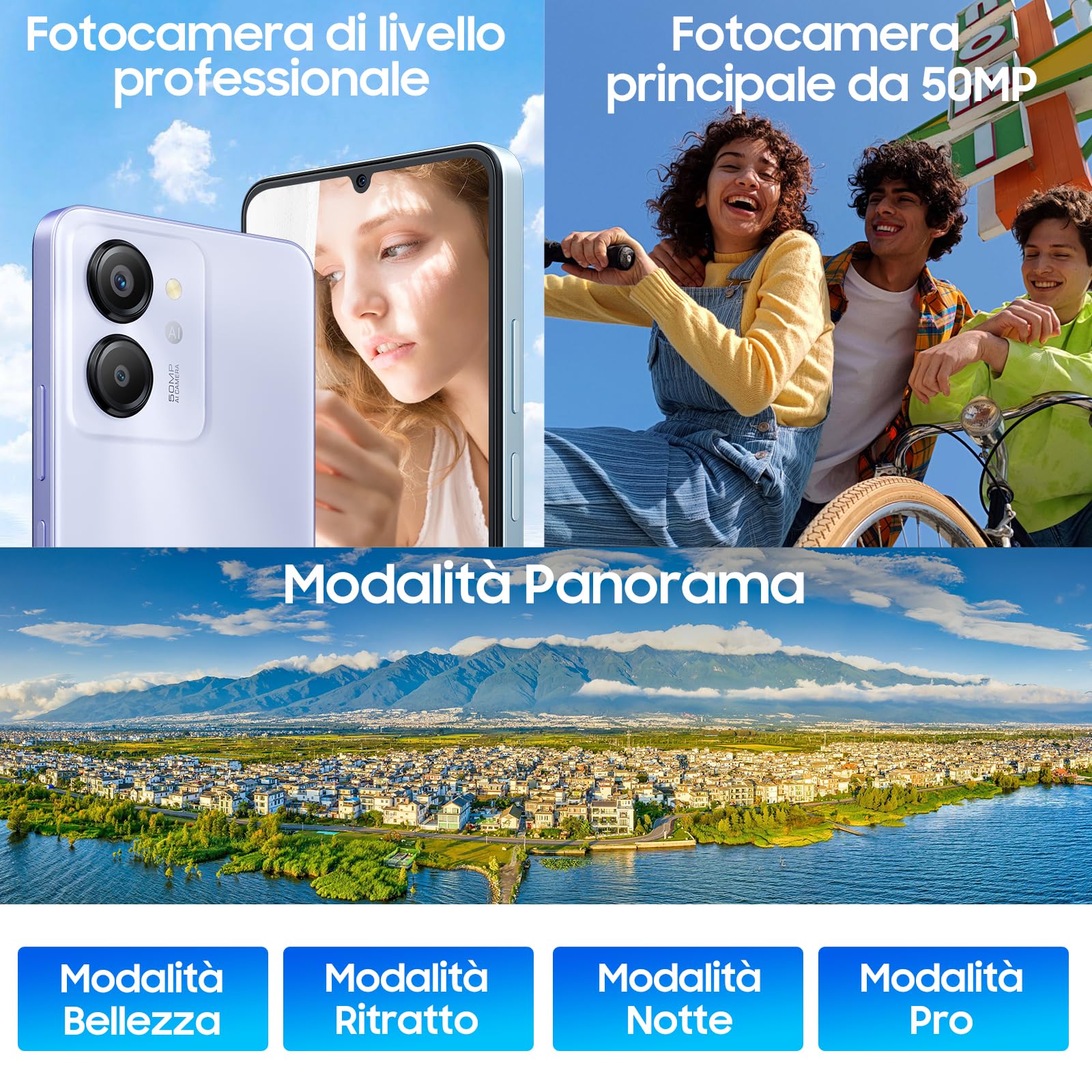 Blackview 2025 Telefono Cellulare 16GB + 128GB/2 TB TF, 6,75" 90 Hz/6000mAh, Smartphone 50MP Camera, 2,0 GHz, Octa core, 4G Dual SIM, Impronte Digitali/Face ID/3.5mm Jack/GPS/OTG/Gemini AI