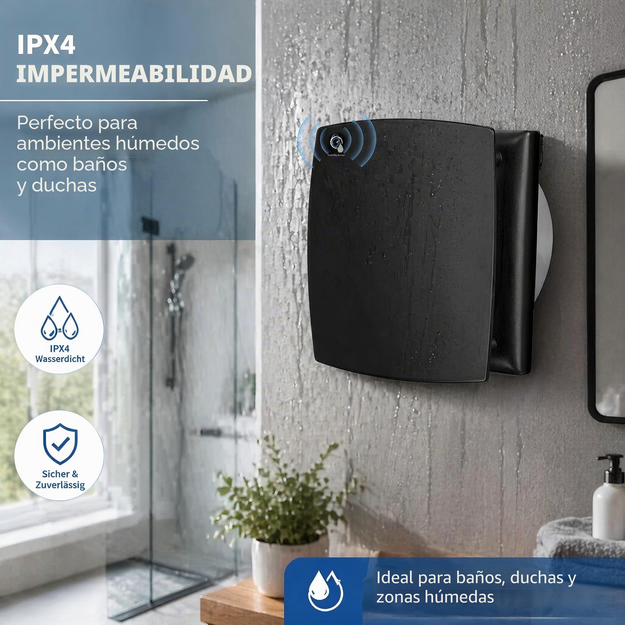 Ventilador de baño negro con sensor de humedad de 150 mm, ventilador extractor de aire con válvula antirretorno, anillo de montaje de ventanas para cocina, inodoro, baño