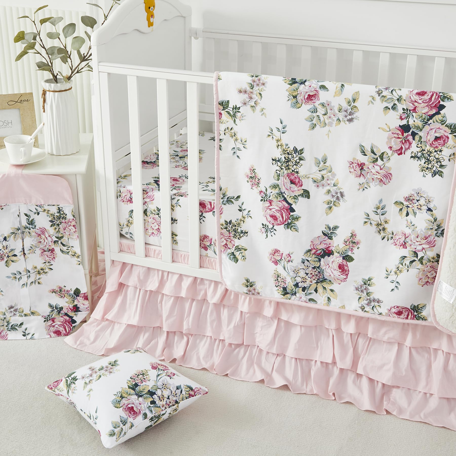 Brandream Juego de ropa de cama 100% algodón para cuna de bebé y niña, 6 piezas, diseño floral botánico de rosa, manta de edredón de lujo, sábana de cuna, falda de cuna rosa de 3 niveles, cenefa de