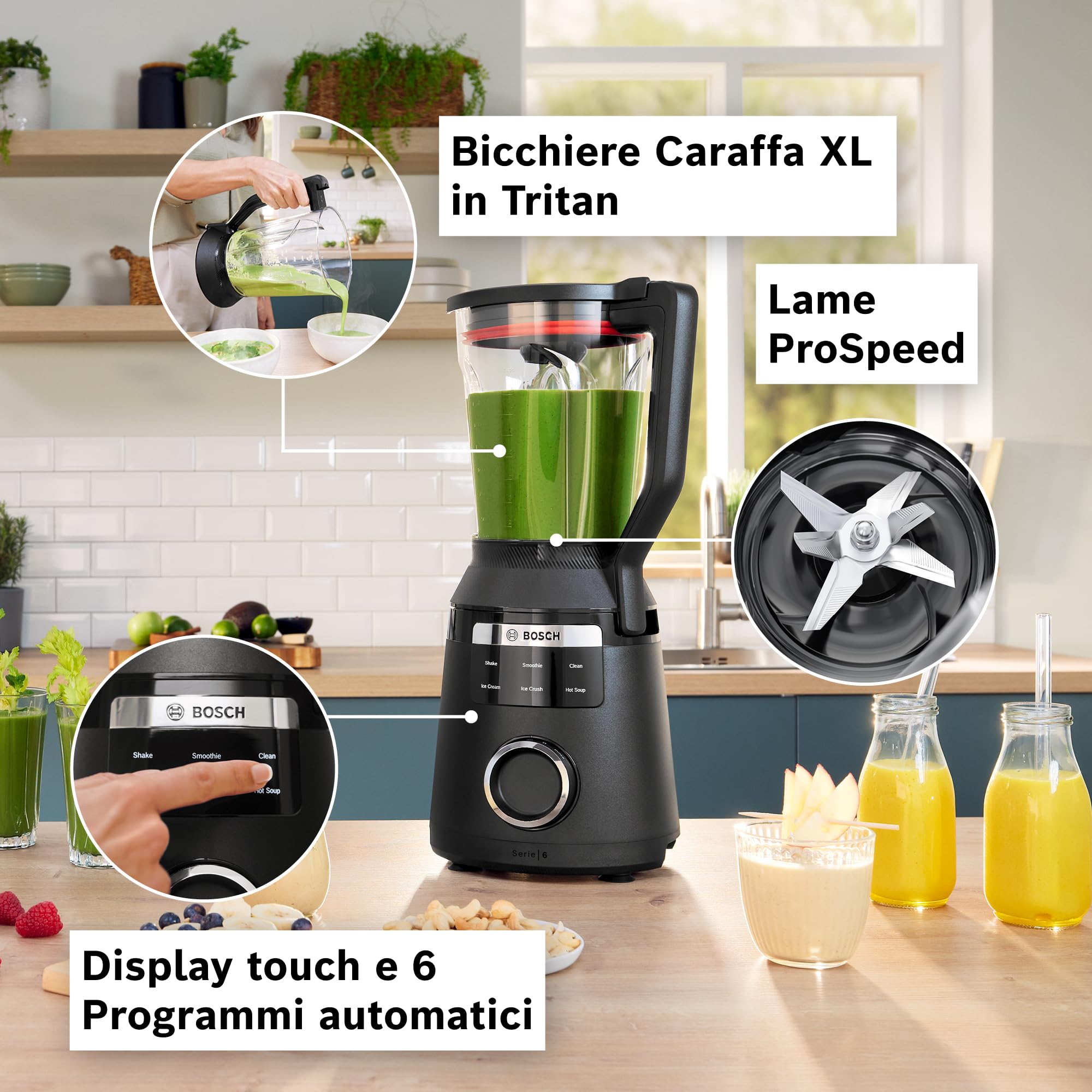 Bosch MMB6652B Frullatore, 1800 W, 6 Lame in Acciaio Inox, Caraffa 3L, Nero | Frullatore VitaPower Serie 6, Potente, 45.000 giri al min, 6 Programmi Automatici, Pulizia Automatica, Made in Europe