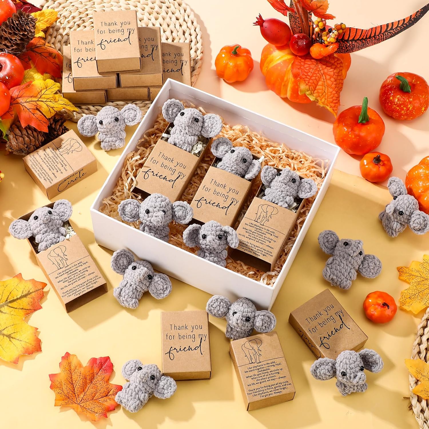 VitalCozy 12 Sets Mini Crochet Elephants Bulk Cute Friendship Sisterhood Gifts Thank You for Being My Friend Handmade Elephant Ornaments for Women Classmate Coworker Birthday Graduation Party Favors