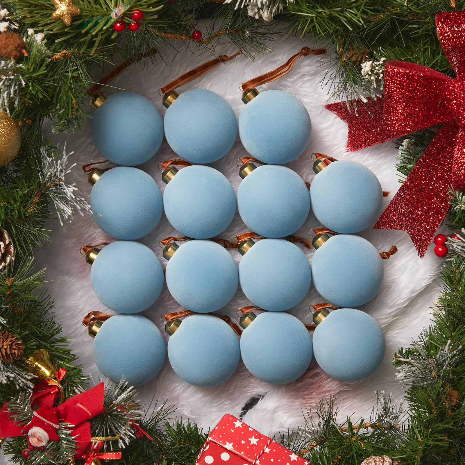 Brightown 15 Pcs Light Blue Velvet Christmas Balls, 2.36 Inch Velvet Ornaments for Christmas Tree, Christma Tree Flocked Ornaments Balls for Family