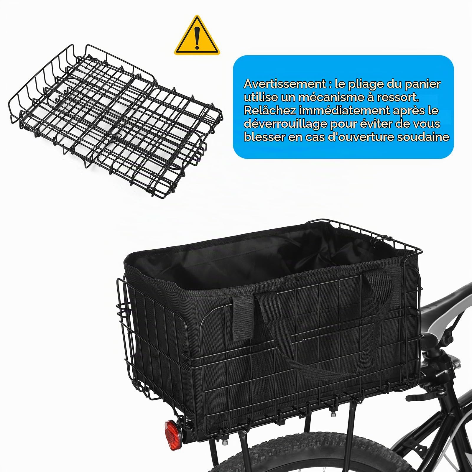Folding Rear Bike Basket 60L with Removable Liner Bag Rain Cover Net Bag for Carrying Dogs Pets Fruit Grocery