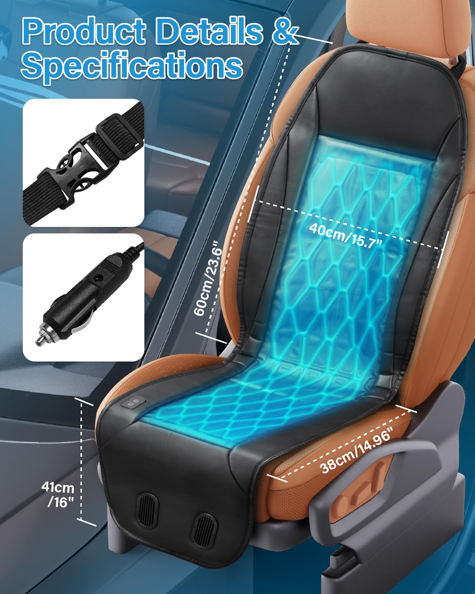 Cuscino sedile auto a raffreddamento a liquido, 12V/24V accendisigari, 3 livelli di raffreddamento, universale
