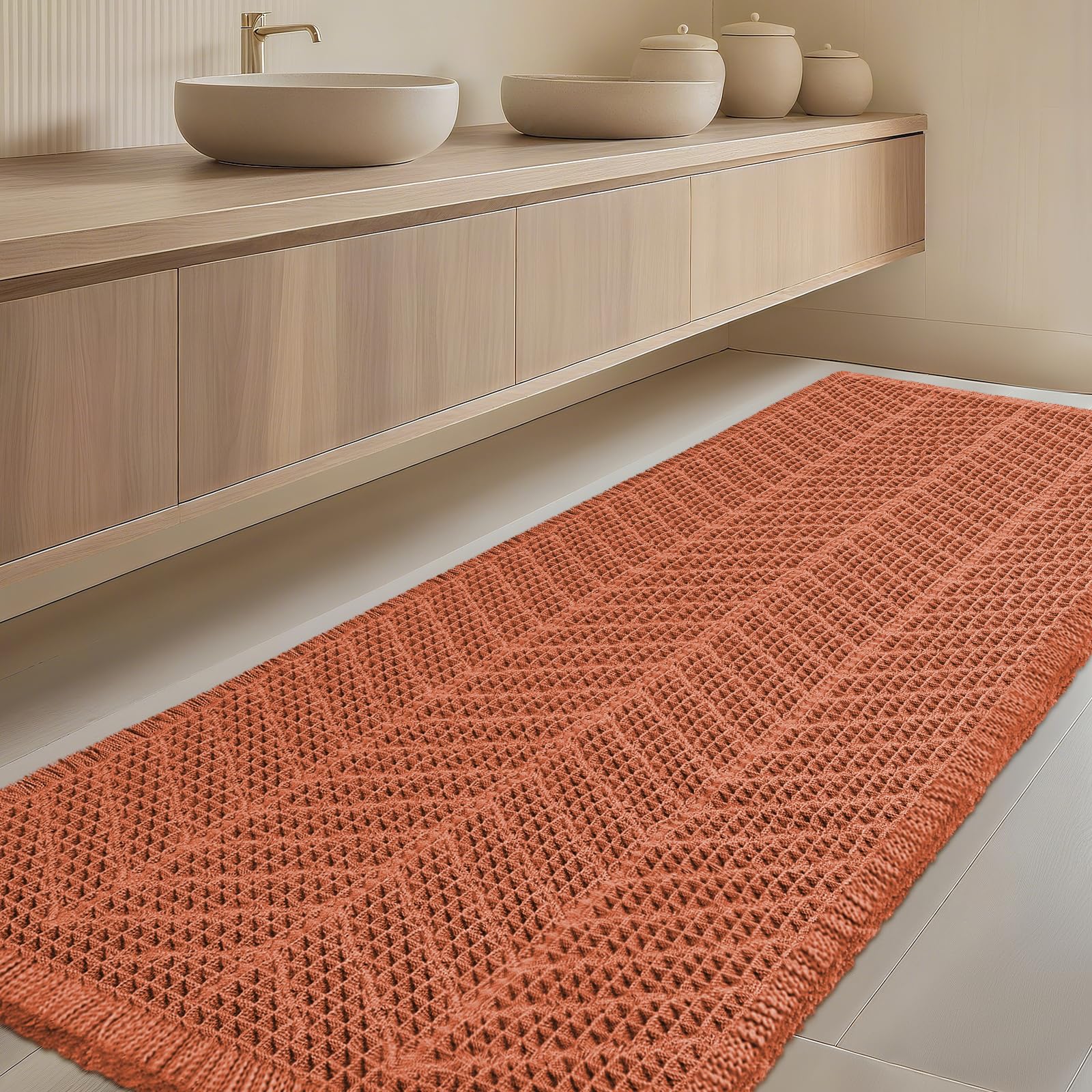 IM HOME Extra Large Waffle Bath Mat, Boho Bathroom Rugs Absorbent Non Slip, Ultra Soft Bathroom Mat, Machine Washable Knit Bath Rugs with Herringbones for Bathroom, Bedroom, Tub, 5'x2', Burnt Orange