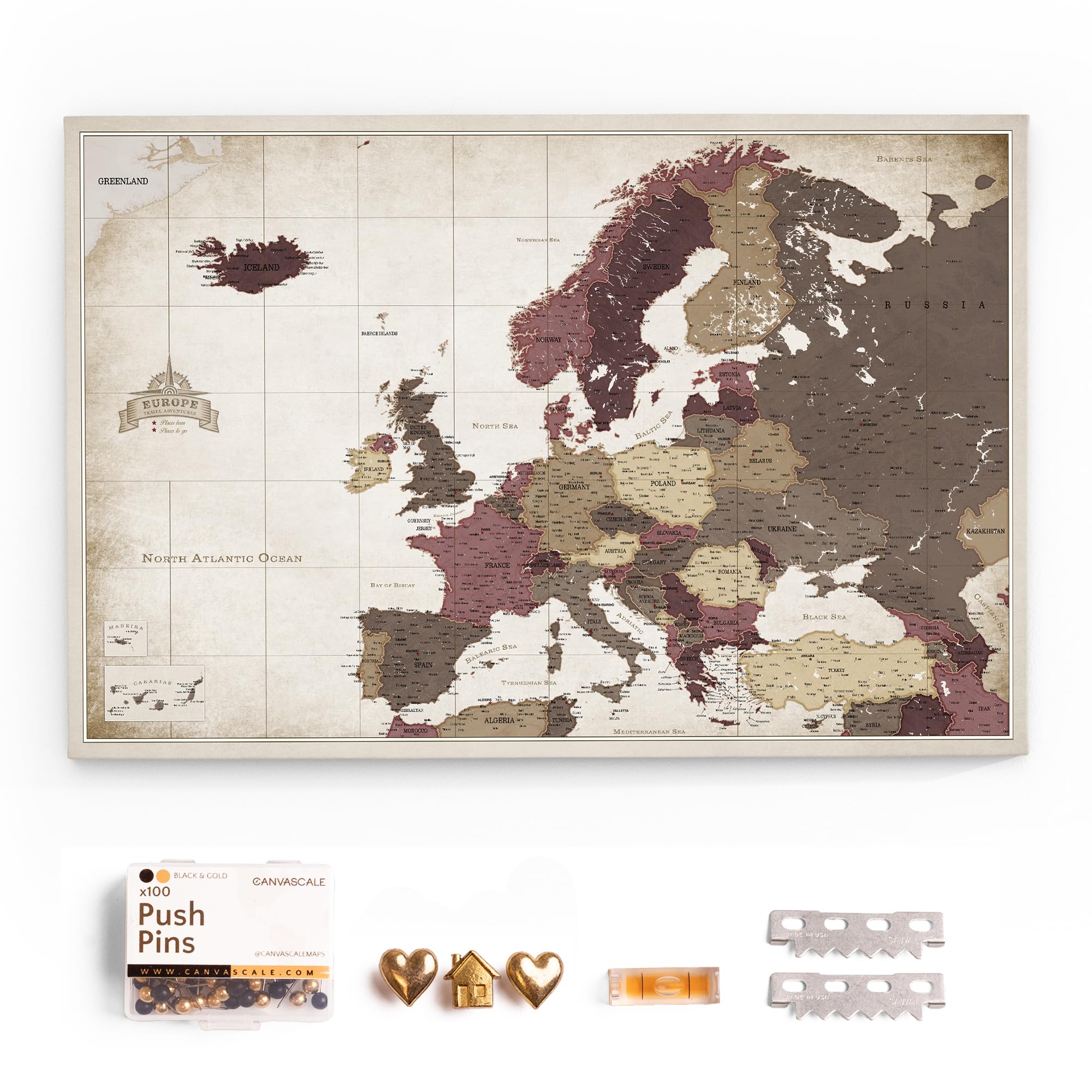 Canvas Europe Map with Cork Pin Board - Decorative Wall Decoration for All Rooms - Canvas Pictures with Europe Map Motif (120x80 cm, Pattern 23)