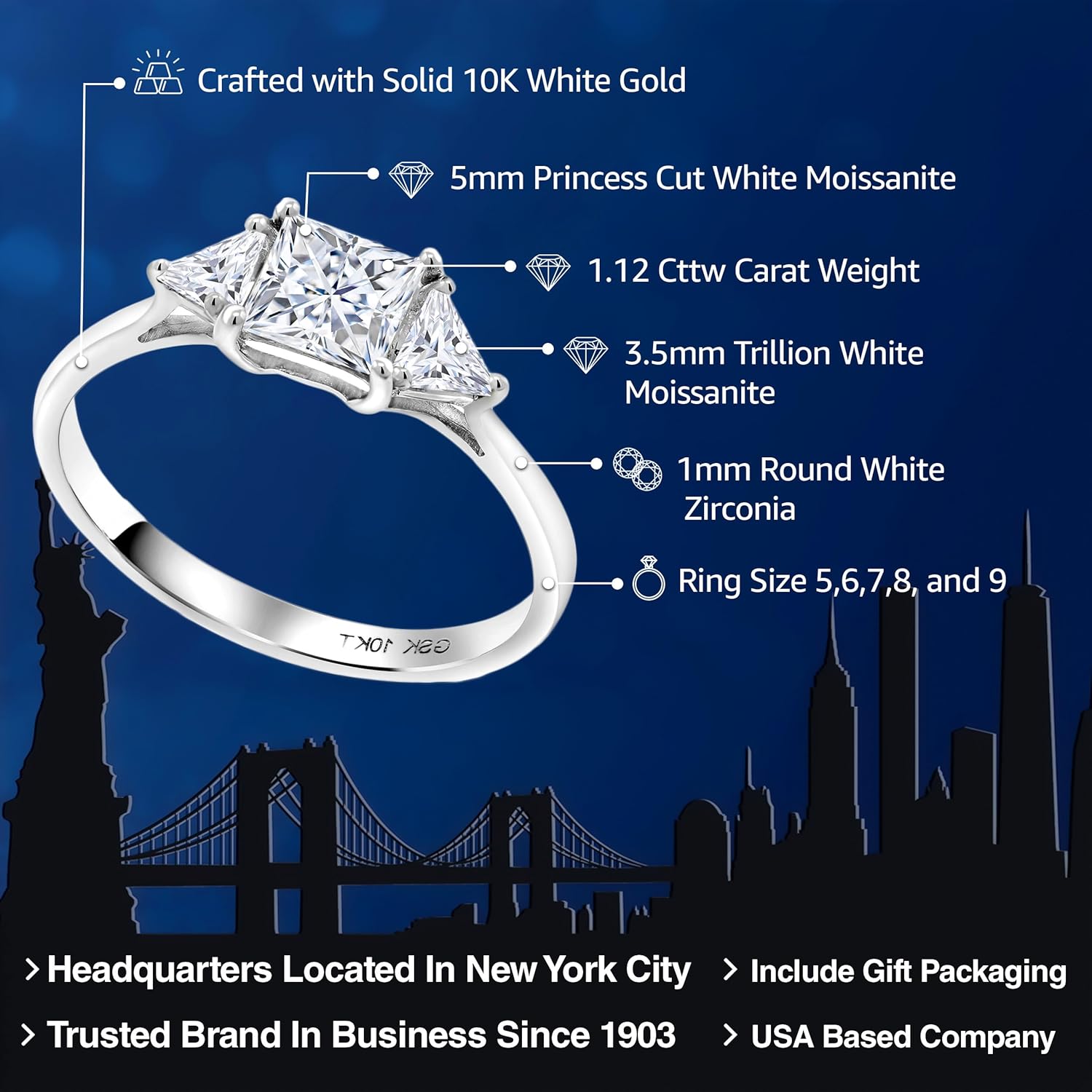 Gem Stone King 10K White Gold White Moissanite Engagement Ring | 1.12 Cttw | Princess Center 5MM | Trillion 3.5MM | 3 Stone Wedding Anniversary Promise Ring For Women