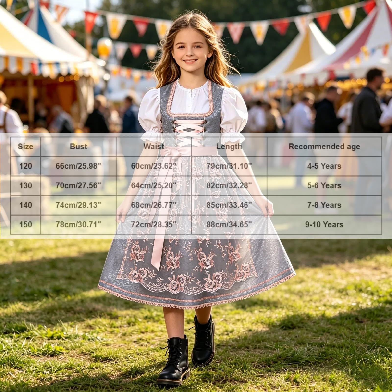 Generisch Kinder Dirndl Mädchen Midi Trachtenkleid, Trachten Dirndlkleid mit Schürze, Dirndl-Sets für Kinder, Kinderdirndl für das bayerische Oktoberfest