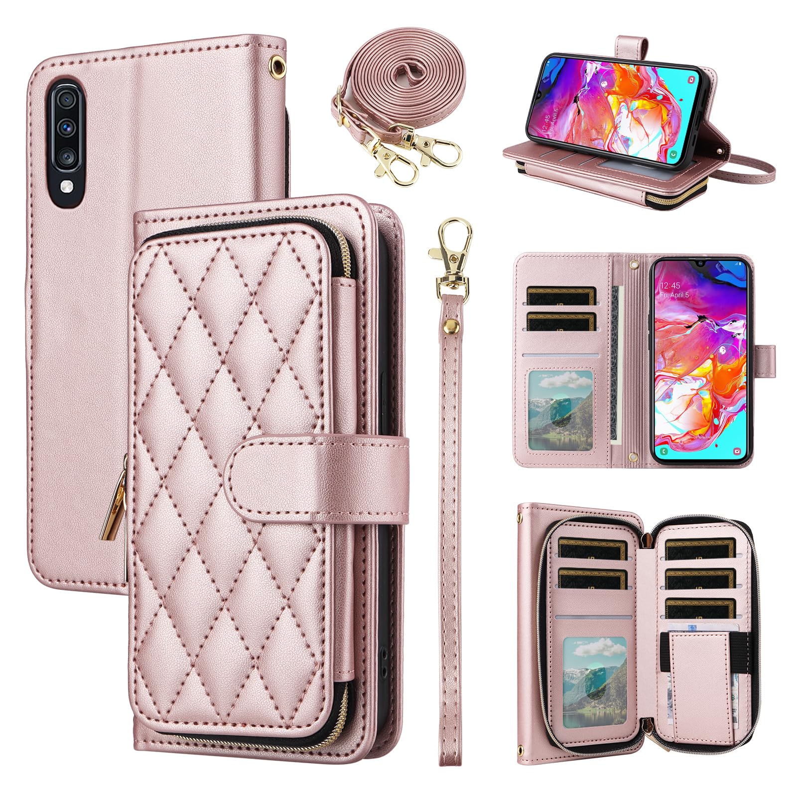 Furiet Argyle Wallet Case for Samsung Galaxy A50 A50S A30S with Wrist Strap Shoulder Strap, 9+ Card Slots Zipper Purse Stand Checkered Cell Phone
