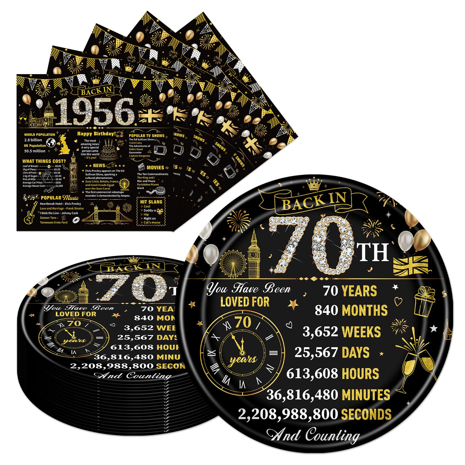 Eiapadeor 70th Birthday Decorations Tableware Set - 50 Pcs 70th Birthday Plates and Napkins Black Gold Back in 1956 Disposable Plates Set for Women Men Him Her 70 Year Old Party Supplies Serves 25