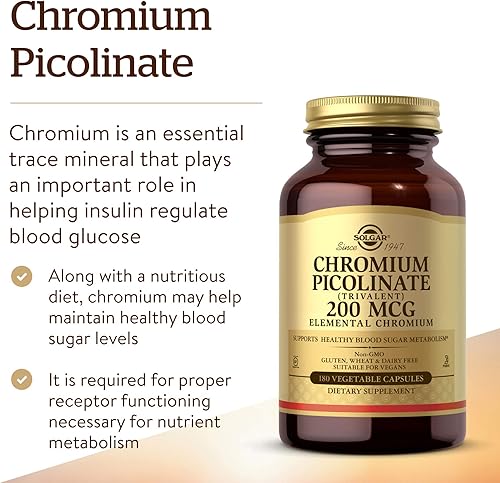 Miniatura 3 de Solgar Picolinato de cromo de 200 mcg, 180 cápsulas vegetales - Apoya el metabolismo saludable del azúcar en la sangre - Sin OMG, vegano, sin