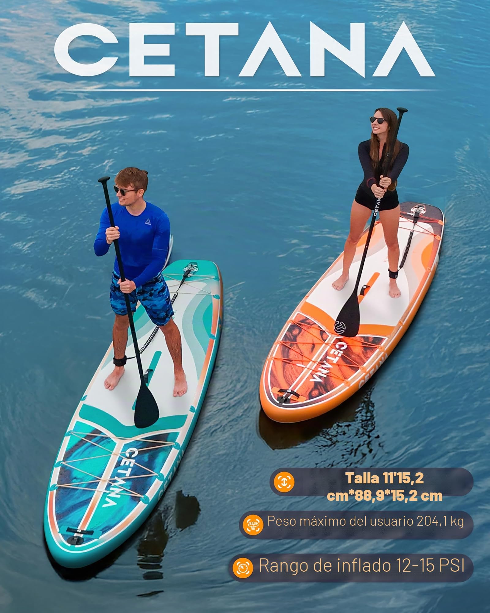 CETANA Tabla de Paddle Surf Hinchable 351cm con Accesorios Incluidos de Primera Calidad, Remo Ajustable, Bomba de Mano, Mochila de Transporte. 351 x 89 x 15 cm, Soporta hasta 204Kg