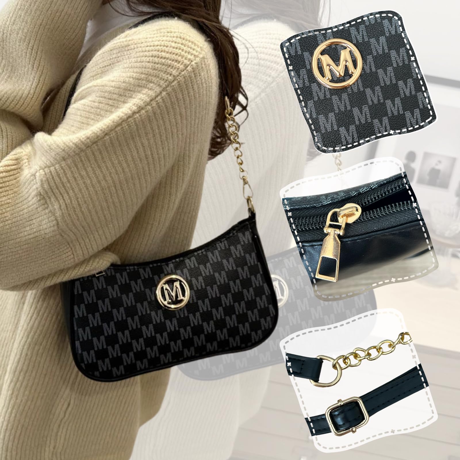 Kleine Handtasche Damen M Buchstaben Muster Elegant Schultertasche Pu Leder Crossbody Taschen Umhängetasche mit Verstellbarer Schultergurt